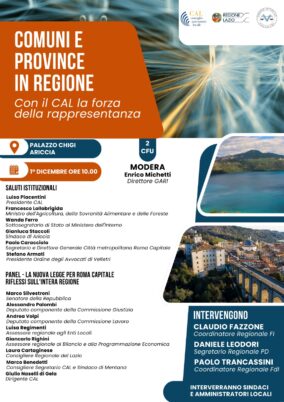 ARICCIA – Il 1° dicembre l’evento “Comuni e Province in Regione – Con il CAL la forza della rappresentanza”