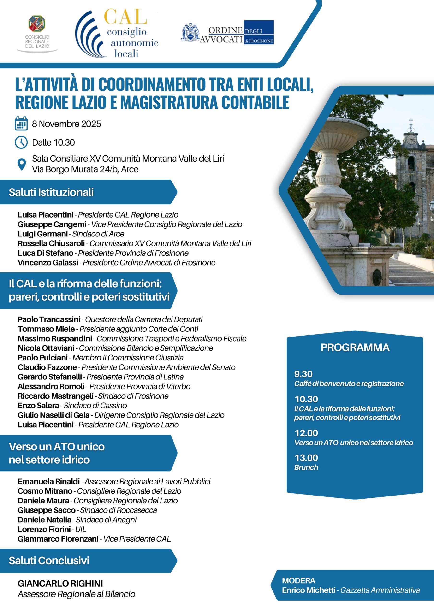 Ad Arce, l’8 Novembre, il confronto tra Enti Locali, Regione e Magistratura Contabile promosso dal CAL Lazio e dall’Ordine degli Avvocati di Frosinone