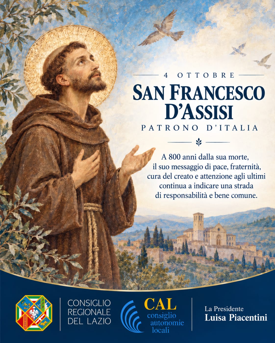 IL CAL LAZIO CELEBRA L’ESEMPIO DI SAN FRANCESCO D’ASSISI, PATRONO D’ITALIA