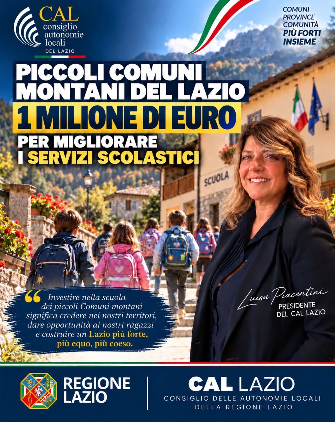 La soddisfazione del CAL Lazio per l’approvazione della Determina sui Piccoli Comuni. Piacentini: «Un milione di euro per i servizi scolastici»